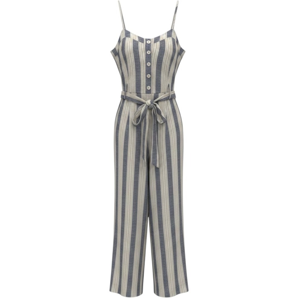Rails Blue White Striped Linen Blend Wide Leg Jumpsuit Large Belted Button Front